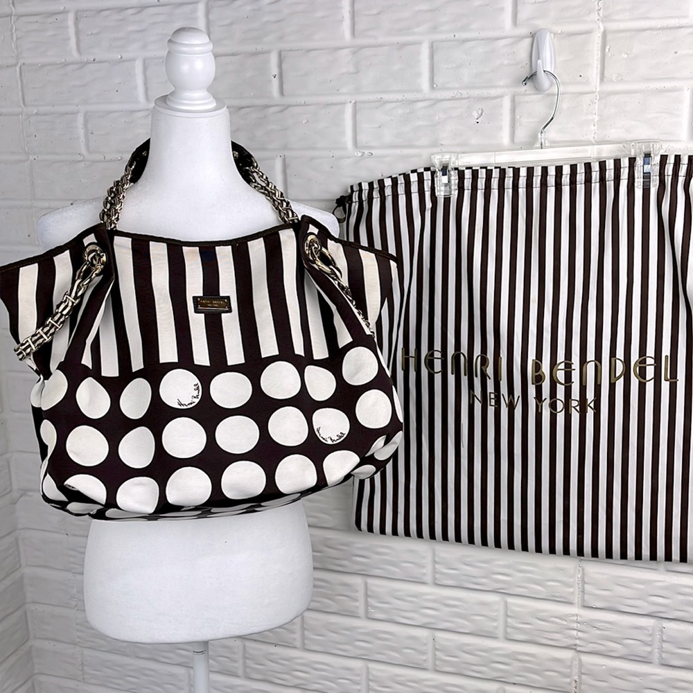 HENRI BENDEL Hot for Dots Large Tote Brown White Gold Purple Stripe Dust Bag